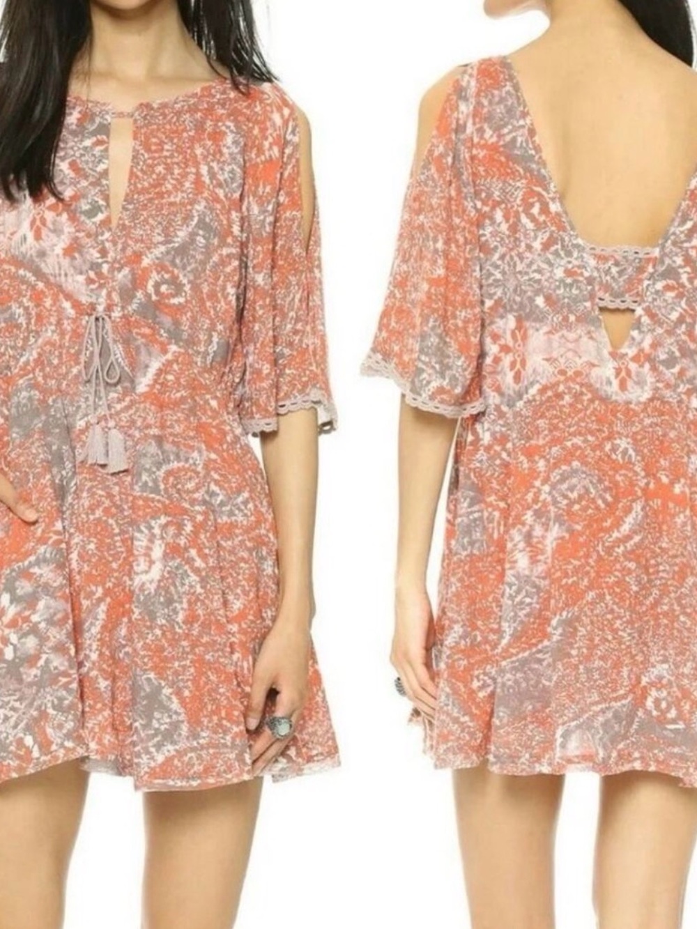 Free People Coral and Gray Paisley Tie-Waist Mini Dress (B1)
